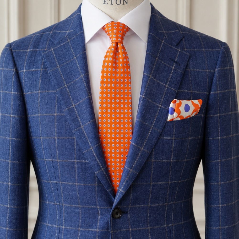 Kiton Blue Windowpane Sport Coat + Kiton Silk Tie & Kiton Silk Pocket Square